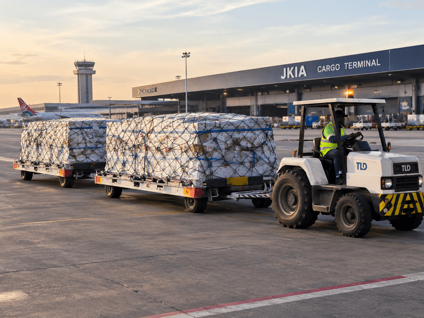 Cargo pallets in transit to the JKIA Cargo Terminal in Nairobi ahead of air freight loading
