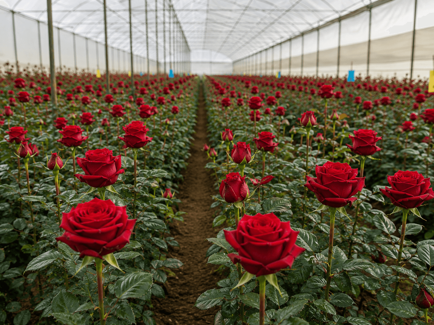 Rows of fresh red roses growing in a TrueScent Flowers greenhouse