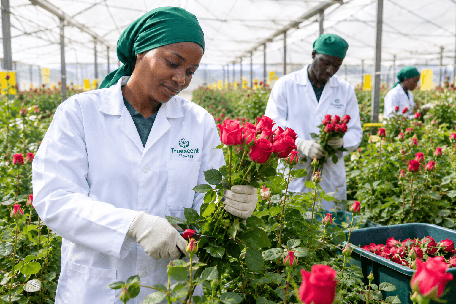 TrueScent Flowers team harvesting roses in a Kenyan greenhouse